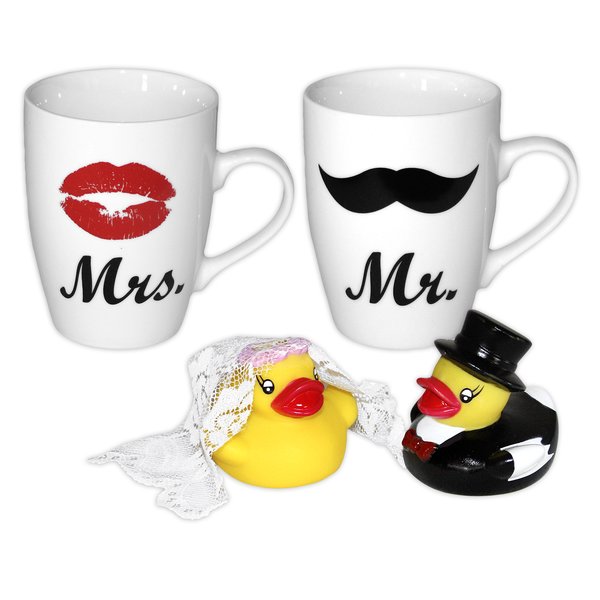 Set de 2 Tasse Mr. & Mrs. avec Set de 2 Canards de bain -